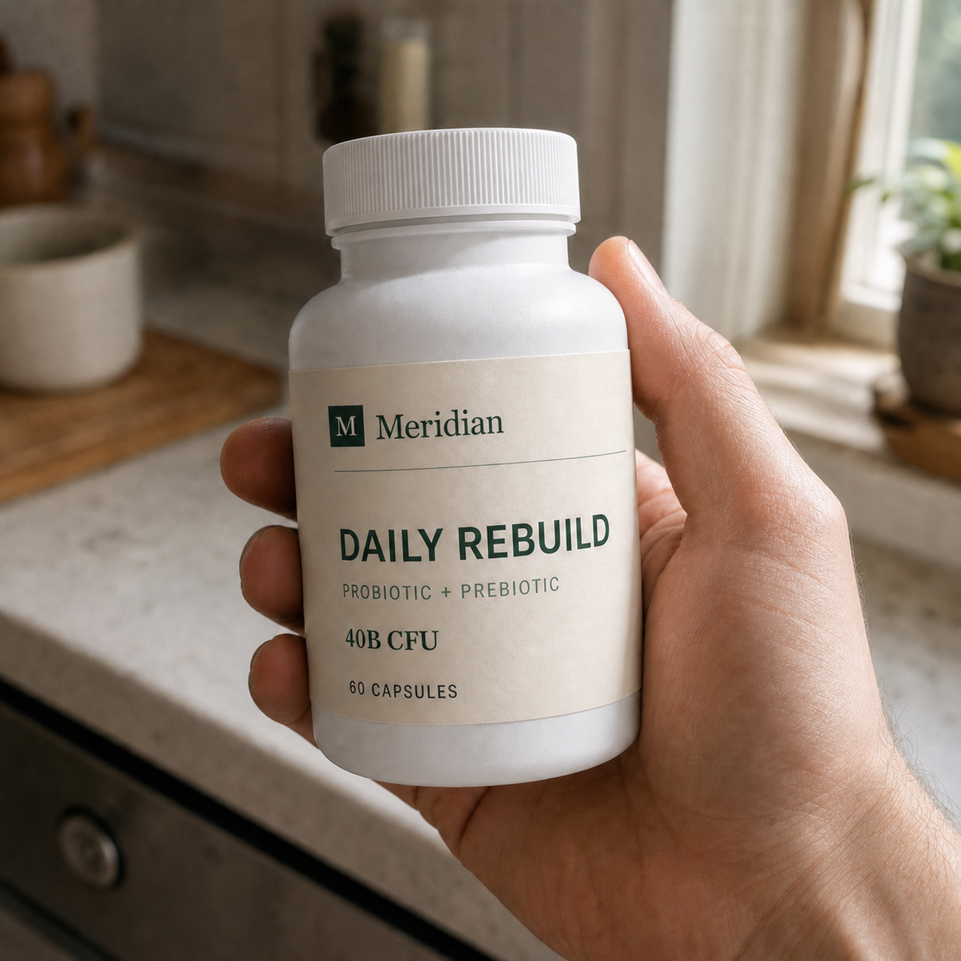 Meridian Daily Rebuild bottle held in a relaxed adult hand