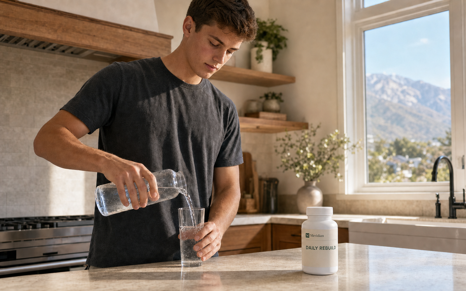 A young adult pouring water in a quiet morning kitchen with Daily Rebuild nearby