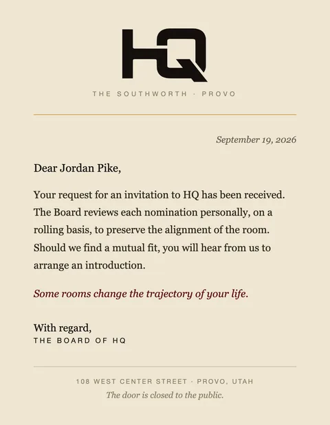 HQ's confirmation letter on bone-coloured stock, addressed to a demo applicant