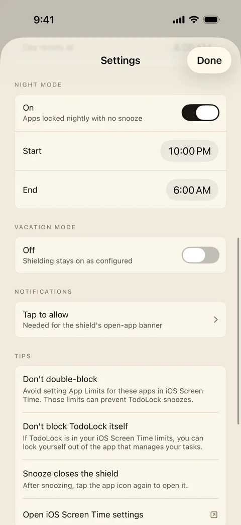 TodoLock's Night mode settings