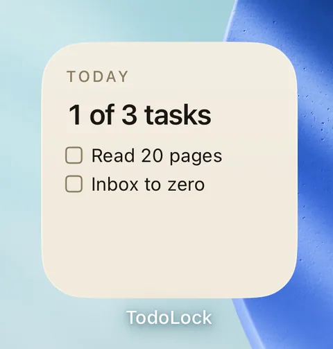 TodoLock's widget on the home screen, listing today's open tasks